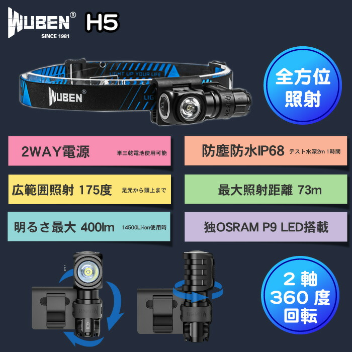 WUBEN LED 充電式 ヘッドライト ハンディライト LED懐中電灯 登山 アウトドア キャンプ 停電 防災完全防水 単三電池も使用可能品番  品質満点！