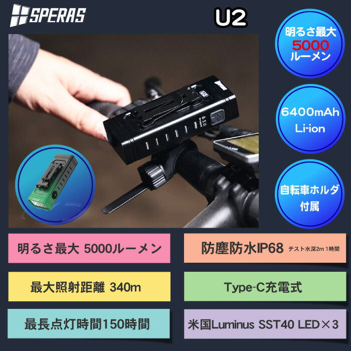自転車ライト LED 懐中電灯 充電式 ロードバイク 夜間走行ライト 防水 強光 爆光ハンディライト【SPERAS U2】送料無料