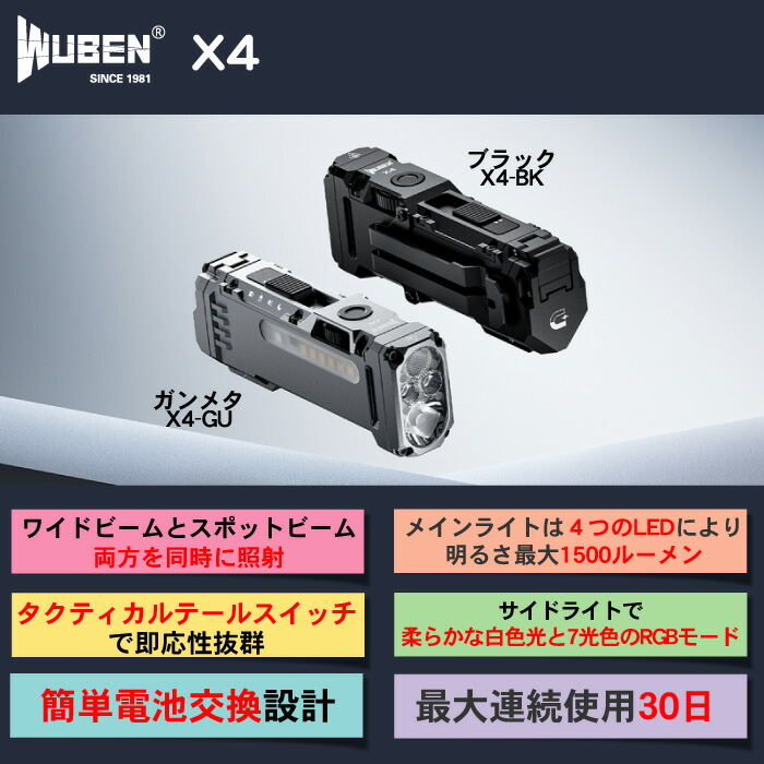 WUBEN フラッシュライト 小型手のひらサイズ 充電式 防水 強力 明るい ハンディライト 懐中電灯 LED 防災 暴漢対策【PSE認証済電池付き】品番【X4】｜WUBEN指定専門店　ライズショップ