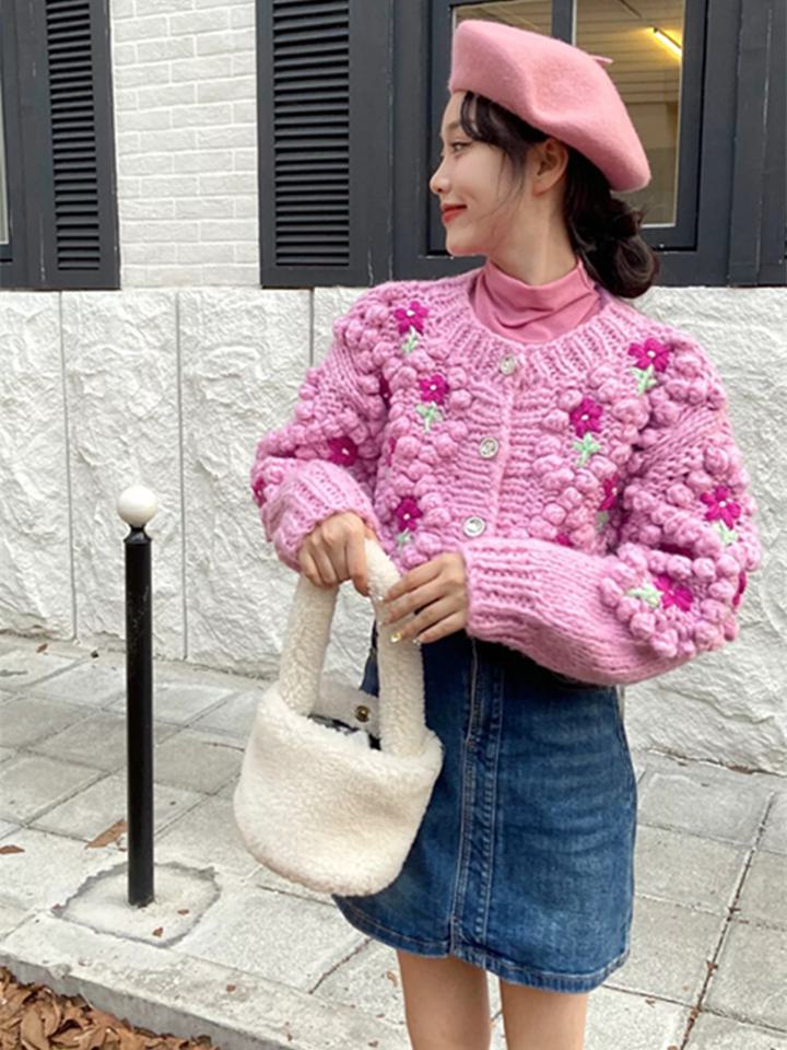 楽天市場】立体刺繍フラワーニットカーディガン セーター カーディガン