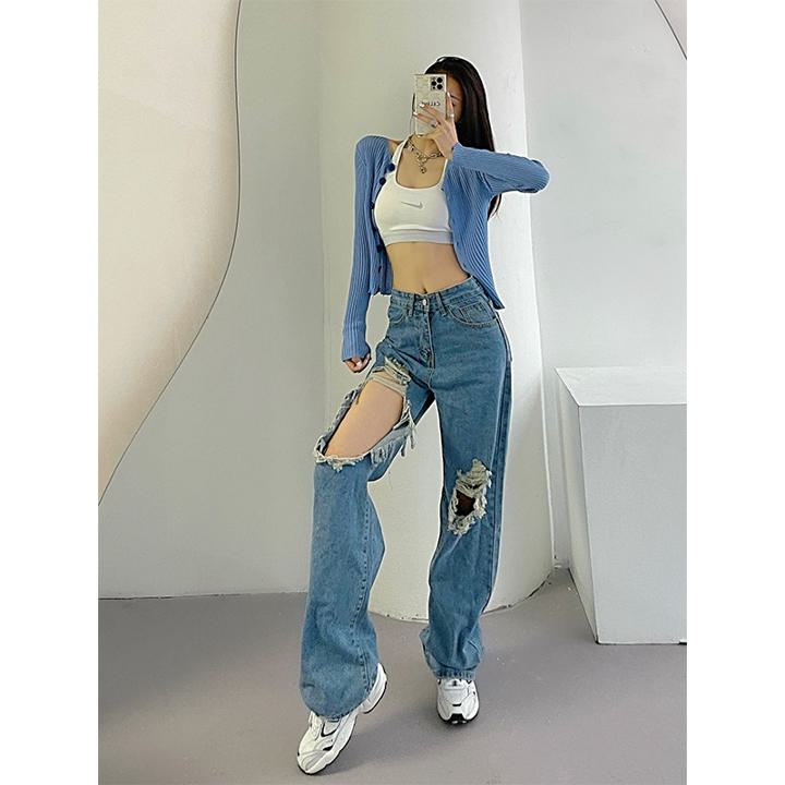 ◆FASHION NOVA◆ハイライズ ダメージ リフレクティブ デニム★ セール】12ozサイドダメージデニムパンツ（デニムパンツ