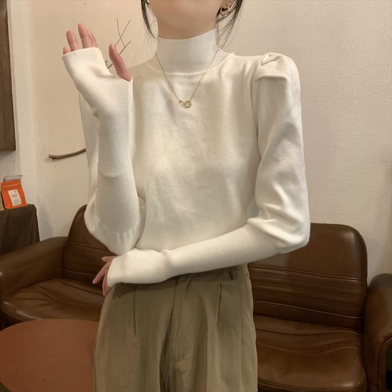 レディース トップス プルオーバー フェミニン リブ ニット おしゃれ スリムフィット セーター 大人可愛い カジュアル ハイネック 袖リブ パフスリーブ 萌袖 ポリエステル かわいい シンプル 長袖 指ぬき袖 スリム こなれ感 きれいめ