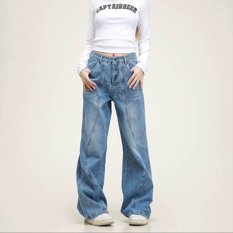 レディース パンツ ジーンズ ストレート デニムパンツ ボトムス ロング ストリート デニム ヴィンテージ ステッチ ワイド ワイドパンツ ストレートパンツ ロングパンツ ボタン Gパン ポケット ウォッシュ ファスナー アメカジ|mscloset