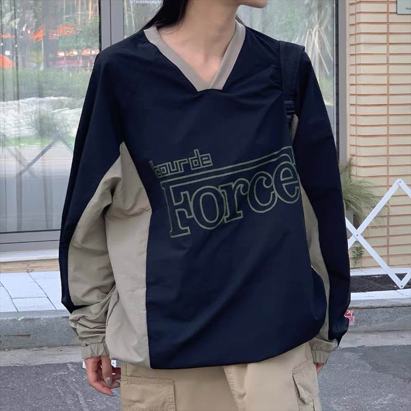 レディース トップス 長袖 ナイロン おしゃれ プルオーバー ルーズ カジュアル トレーナー ラフ スポーティー アメカジ ストリート ラグラン ワイド かっこいい レトロ ボーイッシュ Vネック ヴィンテージ 配色 個性的 メンズライク