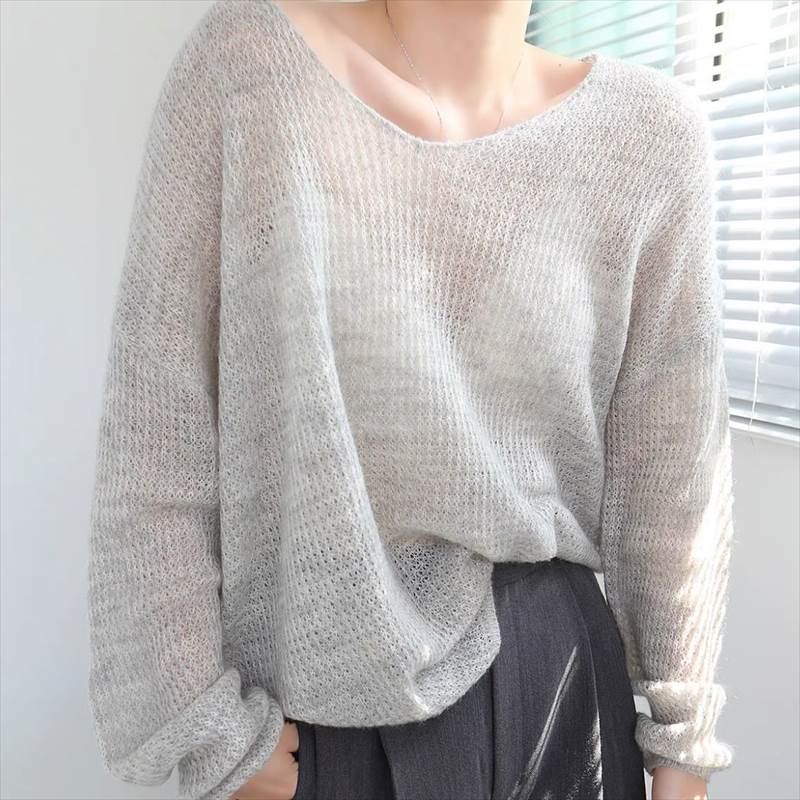レディース トップス ざっくりニット シンプル ロマンティック ニット ナチュラル フェミニン セーター Vネック おしゃれ 秋 カジュアル こなれ感 ラフ 上品 透け感 抜け感 大人可愛い 長袖 無地 ルーズ 薄手 萌袖 きれいめ 春