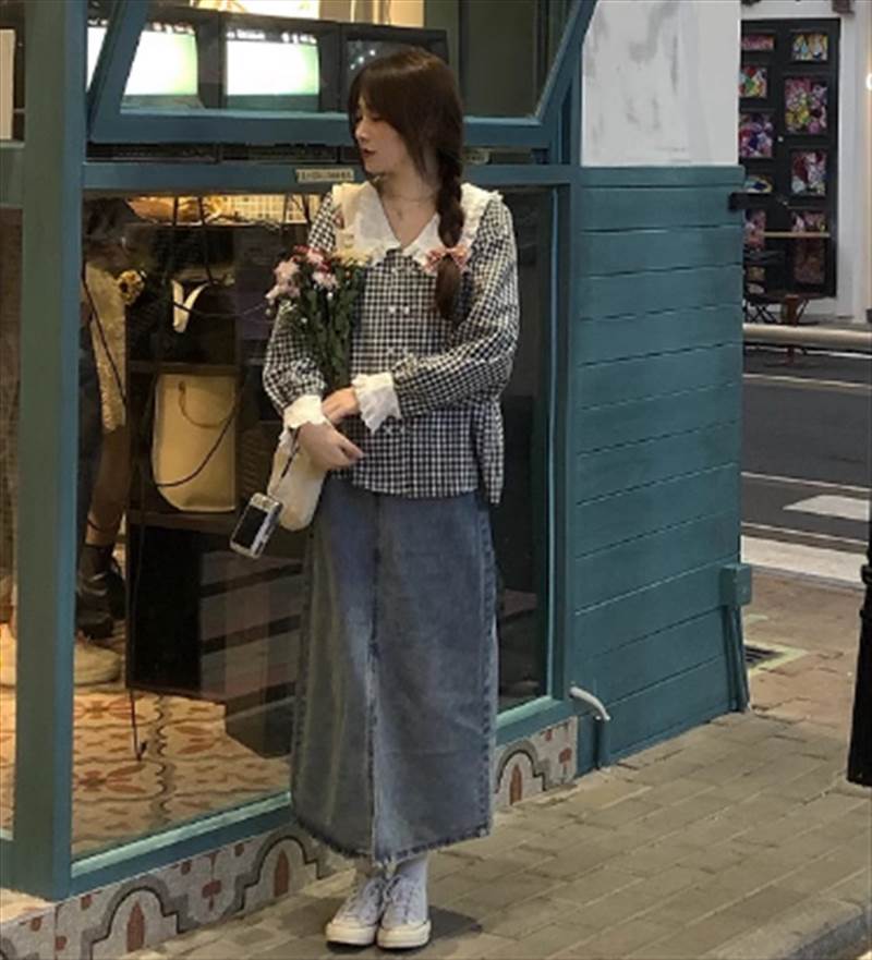 レディース スカート ブラウス スリット 主役級 トップス 存在感 ミモレ セット ドール 大人可愛い 春 チェック カジュアル 上品 かわいい 長袖 ガーリー タイト ビッグカラー ラブリー おしゃれ Vネック レース デニム キュート