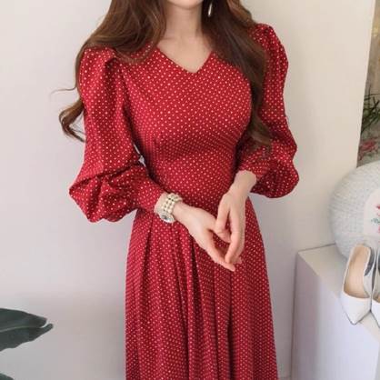 レディース ワンピース 長袖 シフォン 大人可愛い ドレス エレガント かわいい ロング 上品 ガーリー ハイウエスト スリム Vネック 襟なし きれいめ カジュアル レトロ ランタンスリーブ プリーツ レースアップ 主役級 おしゃれ