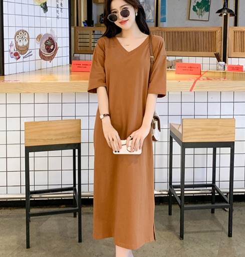 ワンピース Tシャツ 大人女子 Tシャツ 袖あり 上品 個性的 かわいい クール かっこいい ラブリー モード系 きれいめ マニッシュ Vネック シンプル モダン おしゃれ ワンピース ガーリー エレガント ロング丈 襟なし お洒落 大人可愛い