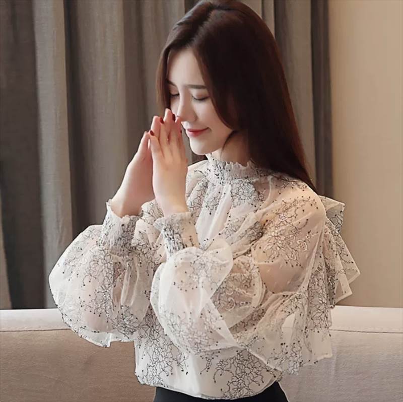 トップス 春 上品 春 20代 大人可愛い 柄 フリル クール お洒落 10代 かわいい モード系 袖あり カットソー きれいめ 主役級 シャツ トップス 秋 夏 長袖 大人女子 個性的 こなれ感