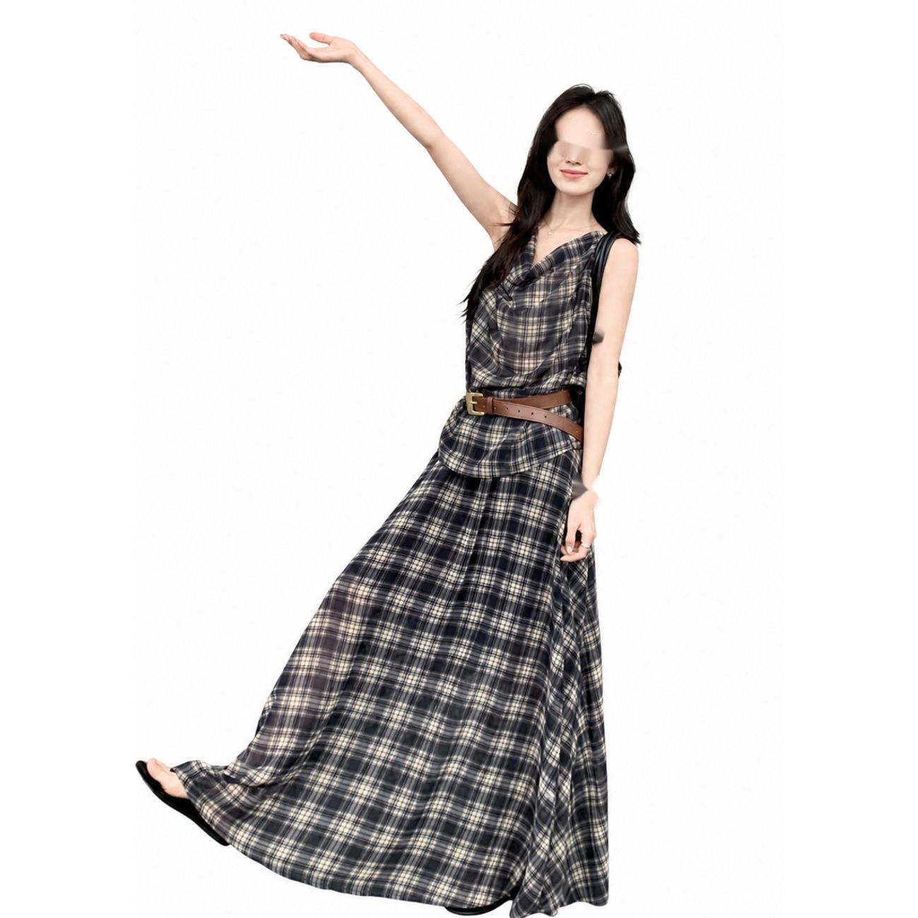 【レトロチェック】 セットアップ レディース 夏 2点セット トップス ノースリーブ ドレープネック ロングスカート マキシ丈 Aライン チェック柄 ウエストゴム 体型カバー 着痩せ 細見え 涼しい 楽ちん リゾート デート 大人可愛い きれいめ｜エムクリエイトジェット
