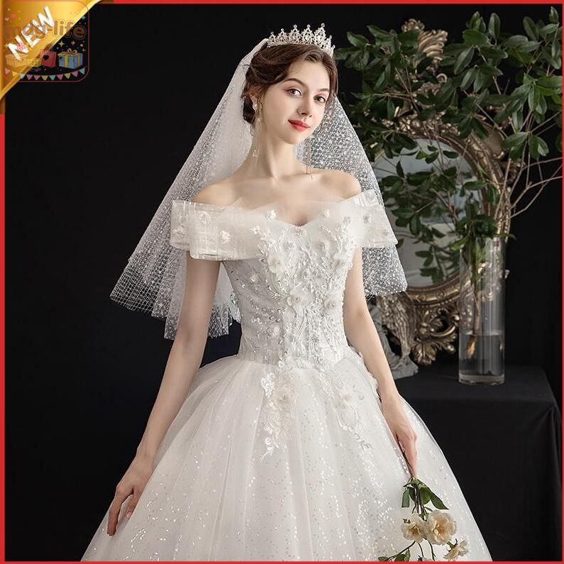 ウェディングドレス オフショルダー 白 花柄 ロングドレス Aライン 花嫁ドレス 結婚式ドレス スパンコール キラキラドレス ブライダルドレス|mdg-life店