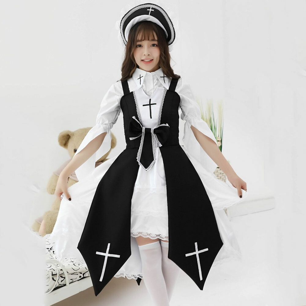 楽天市場 巫女 レディースコスプレ 赤 黒の2カラー フリーサイズ 衣装 帽子 十字柄のワンピース メイド服 Mdkstore楽天市場店