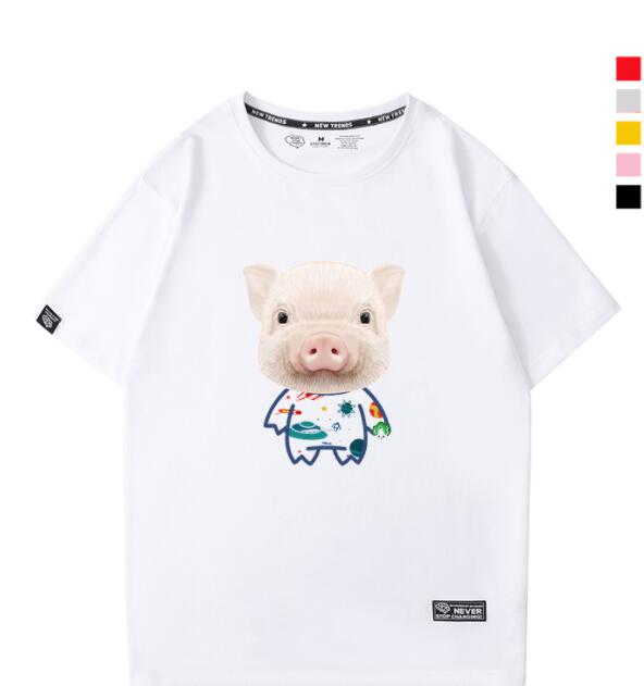 【2枚組】Tシャツ レディース 半袖 メンズ Uネック ブタさん 男女兼用 春夏 ペアルック カップル 旅行 リゾート ブラック、ホワイト、グレー、カーキー、パープル、レッド,自由組み合わせ