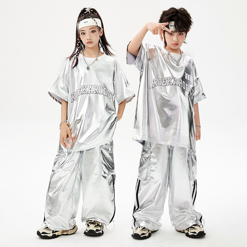 ヒップホップ 衣装 シルバー キッズダンス衣装 セットアップ K-POP 韓国 hiphop 子供ダンス服 ダンスウエア ステージ衣装 ジャズダンス jazz 発表会 応援団 公演服 練習着 110cm-180cm