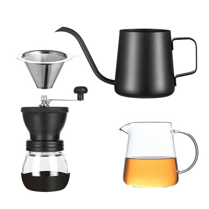 ハンドドリップ コーヒー ポット セット 細口ミニコーヒードリップケトル コーヒーポット コーヒードリッパー コーヒーカラフェセット 手挽き コーヒーミル 透明ブラック キッチン用品 細口 珈琲 やかん
