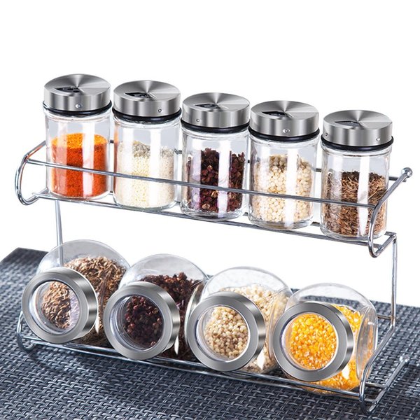 キレイに 収納 調味料 スパイス ラック 2段 9個 セット ガラス 瓶 調味料入れ おしゃれ 家庭用 業務用 に 2段9個セットなので 長期保存に最適です Aluksniesiem Lv