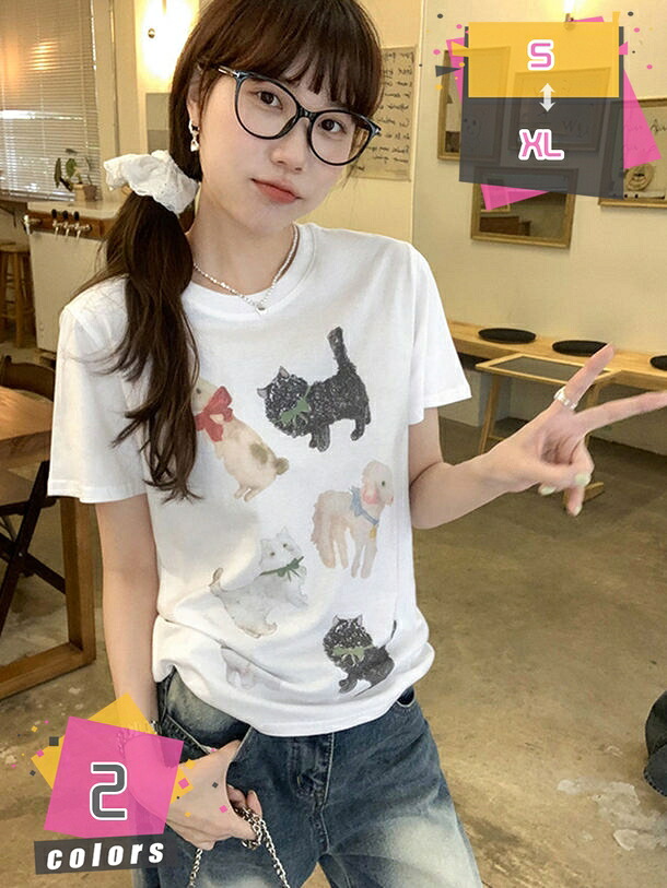 レディース tプルオーバー 半袖 ゆったり 心地好い 流行り物 夏服 猫柄 原宿系 普段着 通学 御部屋着 綿 ビッグ影ぼうし カットソー ティーシャツ お茶プルオーバー 分かりやすい 今めかしい 好いたらしいめ トップス プルオーバー 遊撃手丈 mdnat
