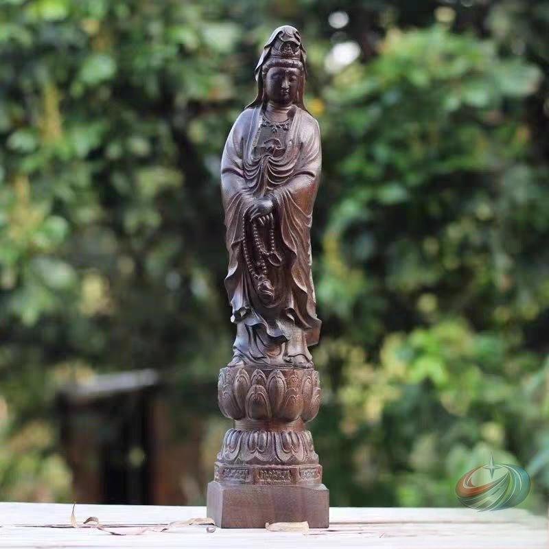 天然木彫り 観音置物 木製 仏像風 インテリア 晟恒中馳 実木彫刻 家庭用 供養 飾り 工芸品 落ち着いた空間を演出する存在感ある置物｜エムディーアール　店
