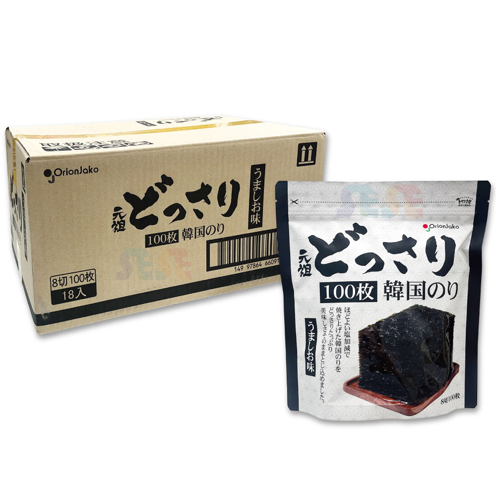 オリオンジャコー どっさり 韓国のり 100枚入 うましお味 18袋 箱売り 1BOX / チャック付き袋 Orionjako