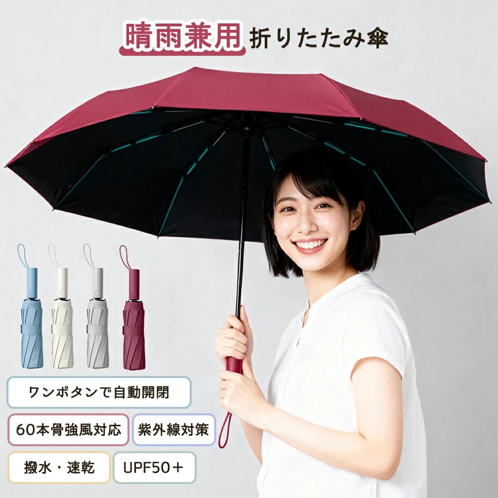 【ポイント8倍】 【60本骨/自動開閉】日傘 折りたたみ 完全遮光 形状記憶 自動開閉傘 軽量 折りたたみ傘 ワンタッチ 自動開閉 親骨 60本骨 遮熱 涼しい 晴雨兼用 遮光率 UVカット 頑丈 収納やすい 撥水加工 風に強い コンパクト