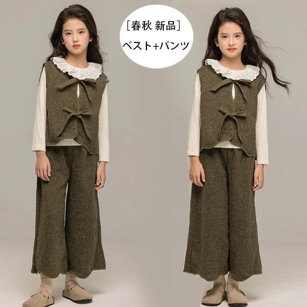 【ポイント10倍】 韓国子供服 女の子 セットアップ レジャー 暖かい 2点セット キッズ 上下セット ベスト+ワイドパンツ ガールズ グリーン 春服 秋服 冬服 ファッション 新品 発表会 七五三 通学着 お祝い お呼ばれ お食事会 誕生日 プレゼント 120 130 140 150 160 170