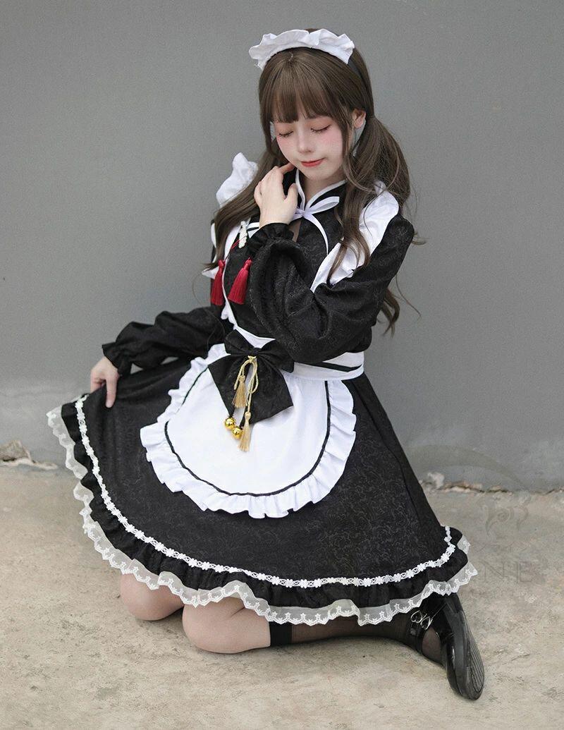 【ポイント10倍】 メイド服 5点セット クラシック 定番 女の子 かわいい ワンピース 洋服 衣装 仮装 コスチューム ドレス セクシー 大きいサイズ 大人 パーティー クリスマス コスプレ 学園祭 (ワンピース+エプロン+ヘッドウェア+蝶ネクタイ+タッセル×2)