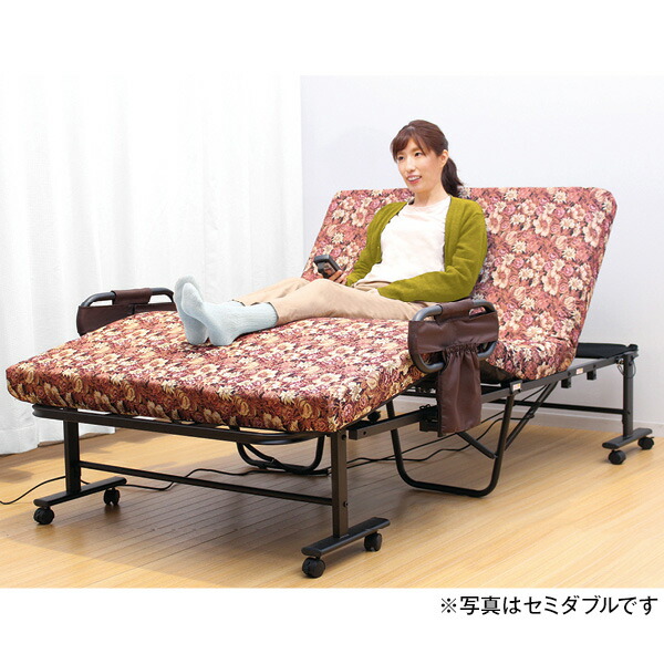 立ち座りしやすい電動折りたたみベッド<セミシングル(幅86cm) 高反発<ネイビー 花柄>