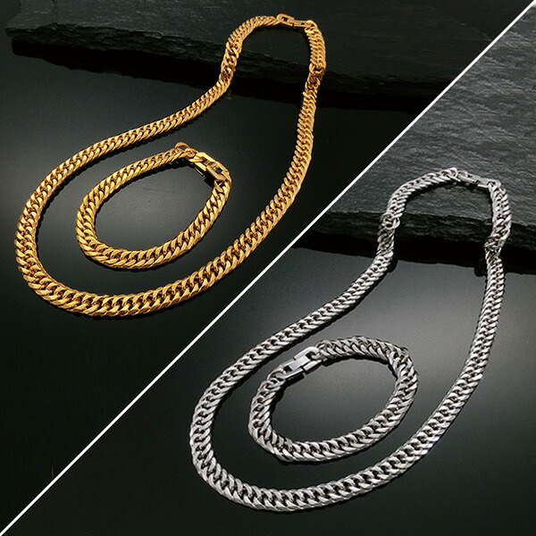 10mm6面ダブル喜平 ネックレス・ブレス2点セット＜ゴールド シルバー＞