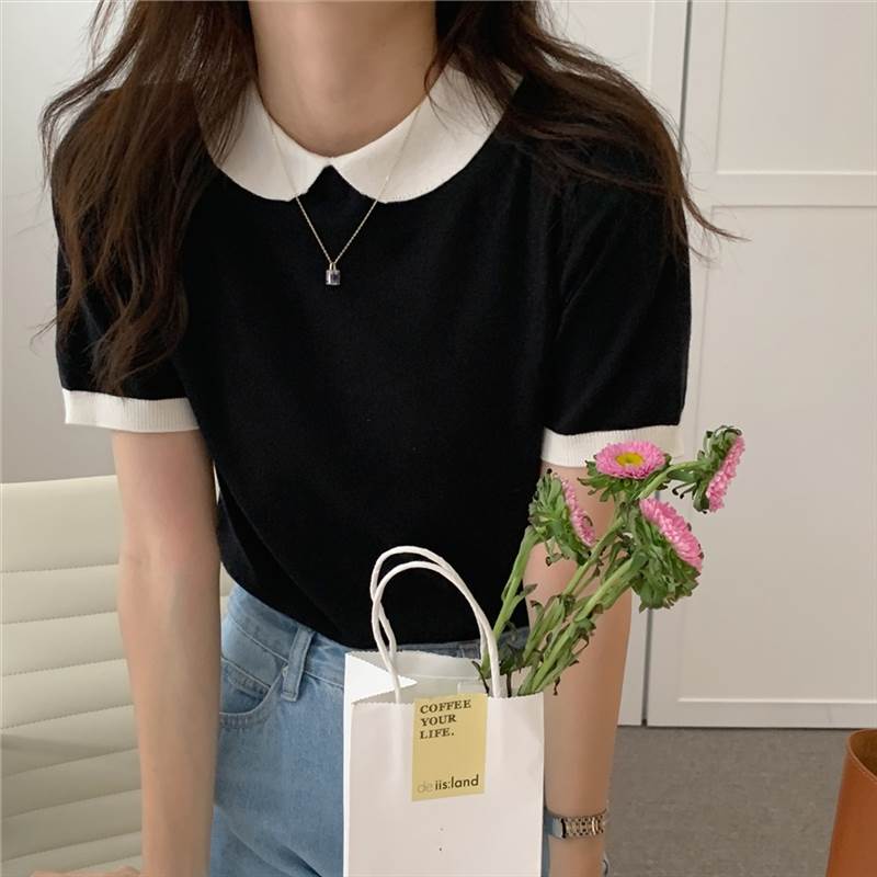 【P2倍&クーポン有】襟付き バイカラー サマーニット トップス レディース Tシャツ 個性的 春 夏 ショート丈 裾イン 半袖 クルーネック 丸首 スリム 細身 ストレート 落ち感 すっきり バック 後ろ ボタン 立体的 ハリ感 ツヤ感 ブラック 黒 無地 S M 薄手