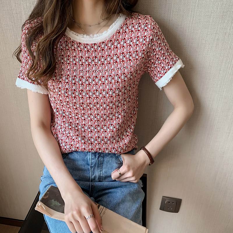 【P2倍&クーポン有】クルーネック Iライン トップス レディース シャツ プルオーバー 個性的 春 夏 ミディアム丈 裾イン 半袖 二の腕カバー 丸首 ストレート スマート すっきり ツイード ボタン 立体的 ハリ感 赤 レッド チェック柄 S M L 薄手 着痩せ 効果 送料無料｜Meeplot＜ミープロット＞