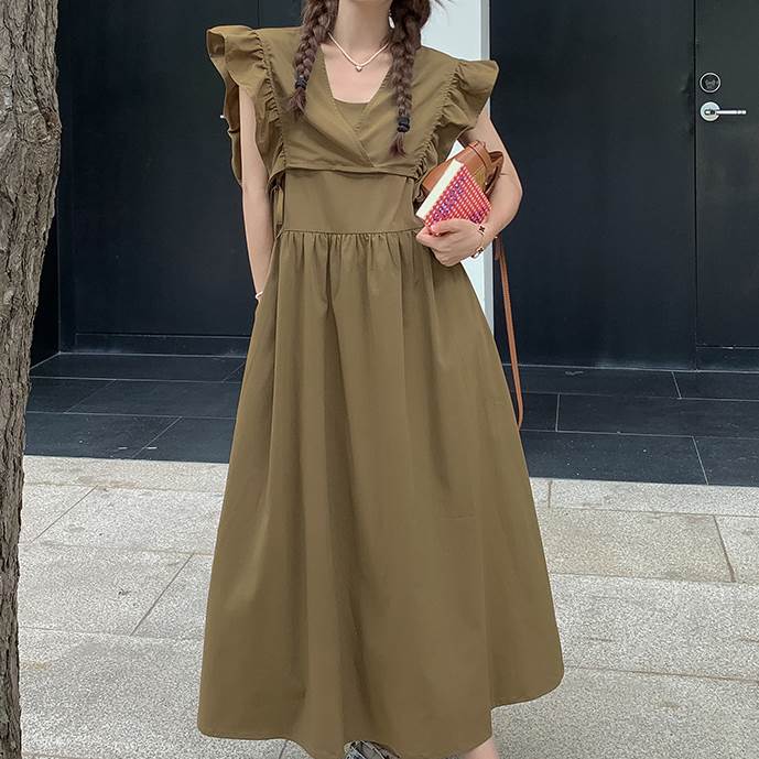 【P2倍&クーポン有】ノースリーブ ワンピース カシュクール 個性的 春 夏 秋 ロング丈 お尻カバー ポッコリお腹カバー フリル袖 Vネック デコルテきれい フレア ブラウン 秋カラー 無地 S M L XL LL 学校 職場 旅行 外出 体型カバー 1枚で決まる スニーカーコーデ