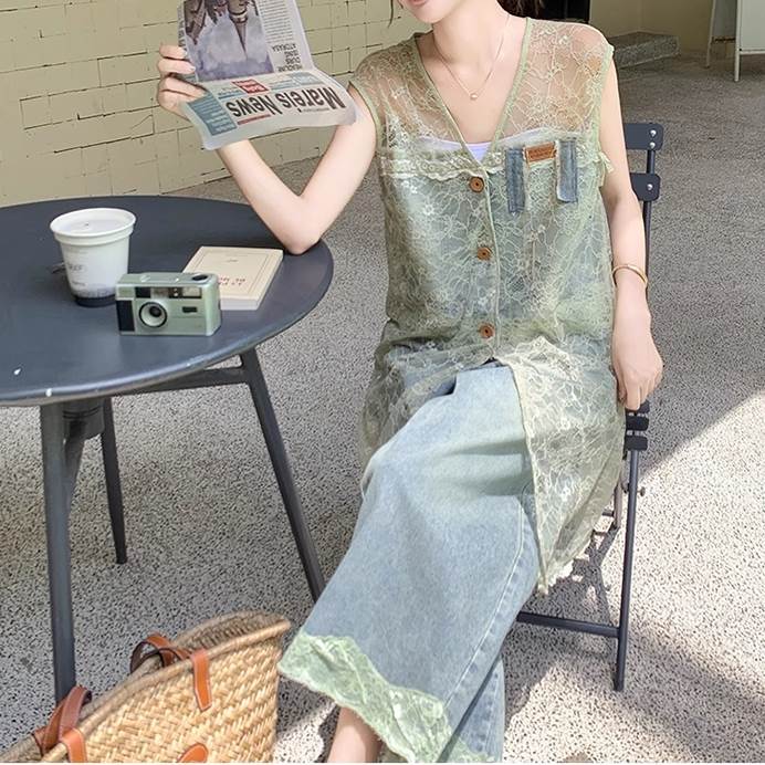 2点セット レース ロングジレ 裾レース ワイドジーンス ベスト ジレ Gパン ガウチョ ワイド 夏 アンクル丈 ロング丈 お尻カバー 袖なし 腕出し ノースリーブ Vネック 襟なし ワイドレッグ すっきり 肩だし 肌みせ 総レース シフォン 透け感 シースルー シアー グリーン｜Meeplot＜ミープロット＞ 7,402円
