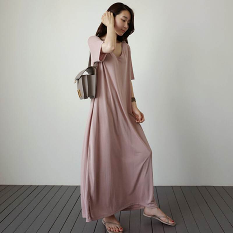 【P2倍&クーポン有】 ワンピース ロング Vネック ルーズ フレア バックシャン 無地 袖あり とろみ感 Aライン 40代 女性用 20代 夏 マタニティ マキシ丈 ロング丈 春 レディース 10代 おしゃれ 半袖 カジュアル 30代