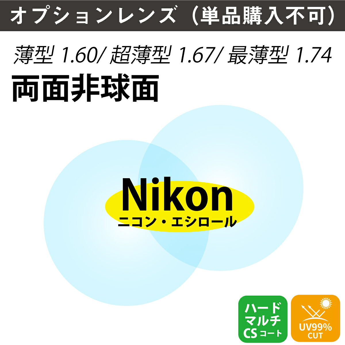 【オプションレンズ】ニコン・エシロール 両面非球面 屈折率1.60 1.67 1.74 薄型 超薄型 最薄型 レンズ （2枚1組） Nikon Essilor 単焦点 メガネレンズ 眼鏡 ニコンライト UVカット 紫外線カット DAS op-ne