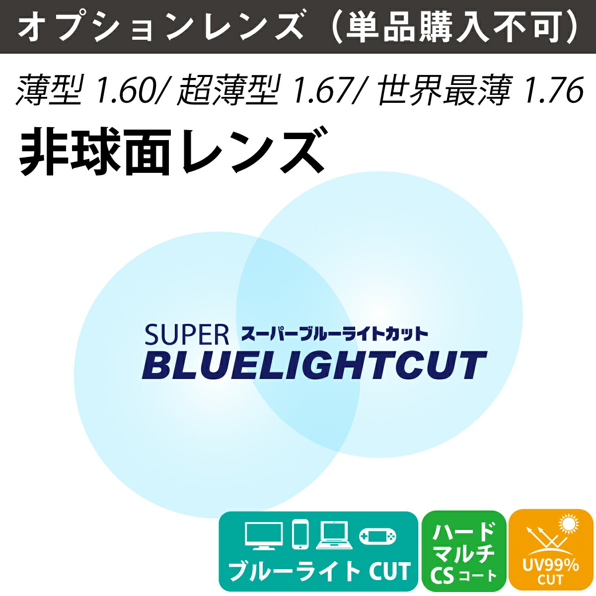 【オプションレンズ】スーパーブルーライトカット レンズ ブルーライト 94% カット 薄型 超薄型 非球面 レンズ 屈折率 1.60 1.67 1.76 日本製（2枚1組） UV420 紫外線カット UVカット 単焦点 メガネレンズ 眼鏡 パソコン PC スマホ