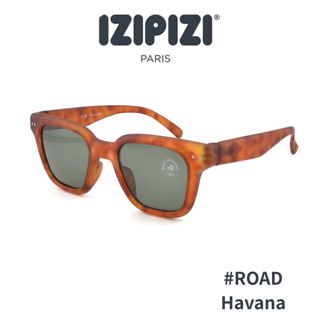 IZIPIZI イジピジ サングラス SUN #ROAD Havana/Green 51サイズ レトロ スクエア ウェリントン 型 太セル 厚み フレーム メンズ レディース ブランド 紫外線カット UVカット 99.9% スプリングヒンジ バネ蝶番 フランス パリ おしゃれ ギフト プレゼント 【国内正規品】｜めがね堂