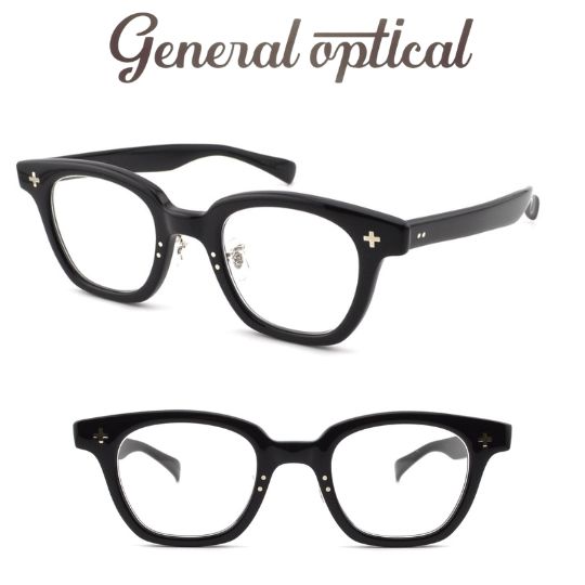 General optical ジェネラルオプティカル メガネ Charlie チャーリー #1 Black ブラック 日本製 復刻 ヴィンテージ ウェリントン クロス飾り カシメ 7枚丁番 突きつけ構造 カシメクリングス 鼻パッド 伊達メガネ 度付き 眼鏡 メンズ レディース ユニセックス 送料無料|めがね堂