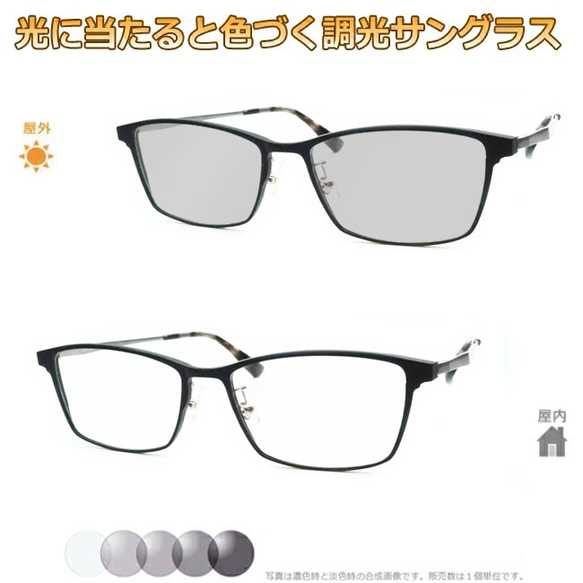 光に当たると色が変わる！ 調光メガネ完成品セット　眩しさから目を守る！　フォトクロミックレンズ　UVカット　調光レンズ使用　調光グレイ