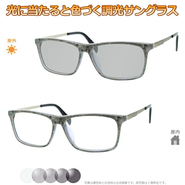 【訳あり】光に当たると色が変わる！ 調光メガネ完成品セット　眩しさから目を守る！　フォトクロミックレンズ　UVカット　調光レンズ使用　調光グレイ
