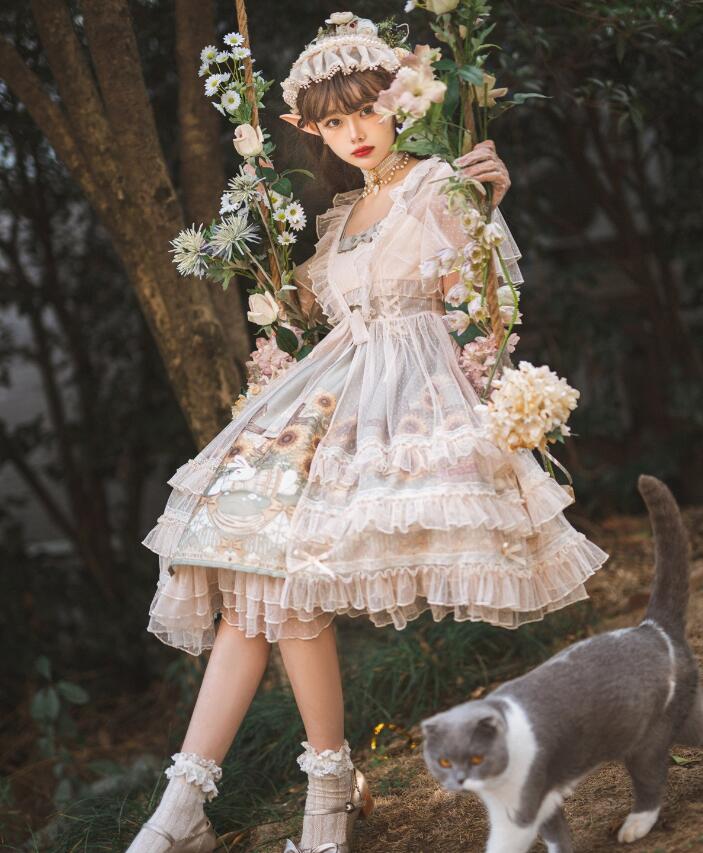 ロリータワンピース ノースリーブ キャミソール 可愛い ロリータ服 膝丈 ひまわり 萌え萌え lolita ドレス チュール羽織 学園祭 文化祭 コスチューム コスプレ衣装 S-L おしゃれ|生活雑貨専門店Atena