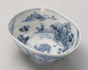 【まとめ買い10個セット品】和食器 オ026-098 青締古染山水楕円鉢【キャンセル/返品不可】