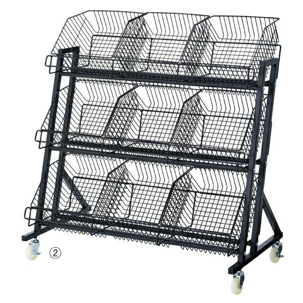 傾斜ジャンブルバスケット3段黒 W90cm 61-797-65-2 【店舗什器 ワゴン什器 多段式ワゴン 傾斜ジャンブルバスケット 3段 黒】【厨房館】