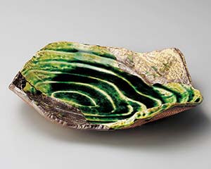 和食器  ト167-108 サビ釉ヒワ流渦彫尺一寸盛皿【勝手もと館】