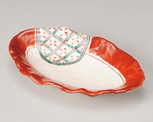 【まとめ買い10個セット品】和食器 オ197-028 赤絵緑格子花型楕円皿【キャンセル/返品不可】【厨房館】