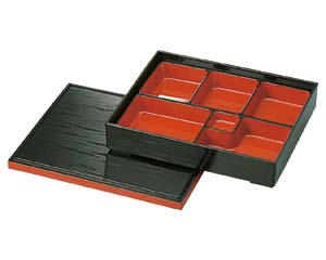 【まとめ買い10個セット品】 エ698-238 [A]尺1寸長手ヘギ目松花堂 黒渕朱(6ツ仕切付)【キャンセル/返品不可】【厨房館】