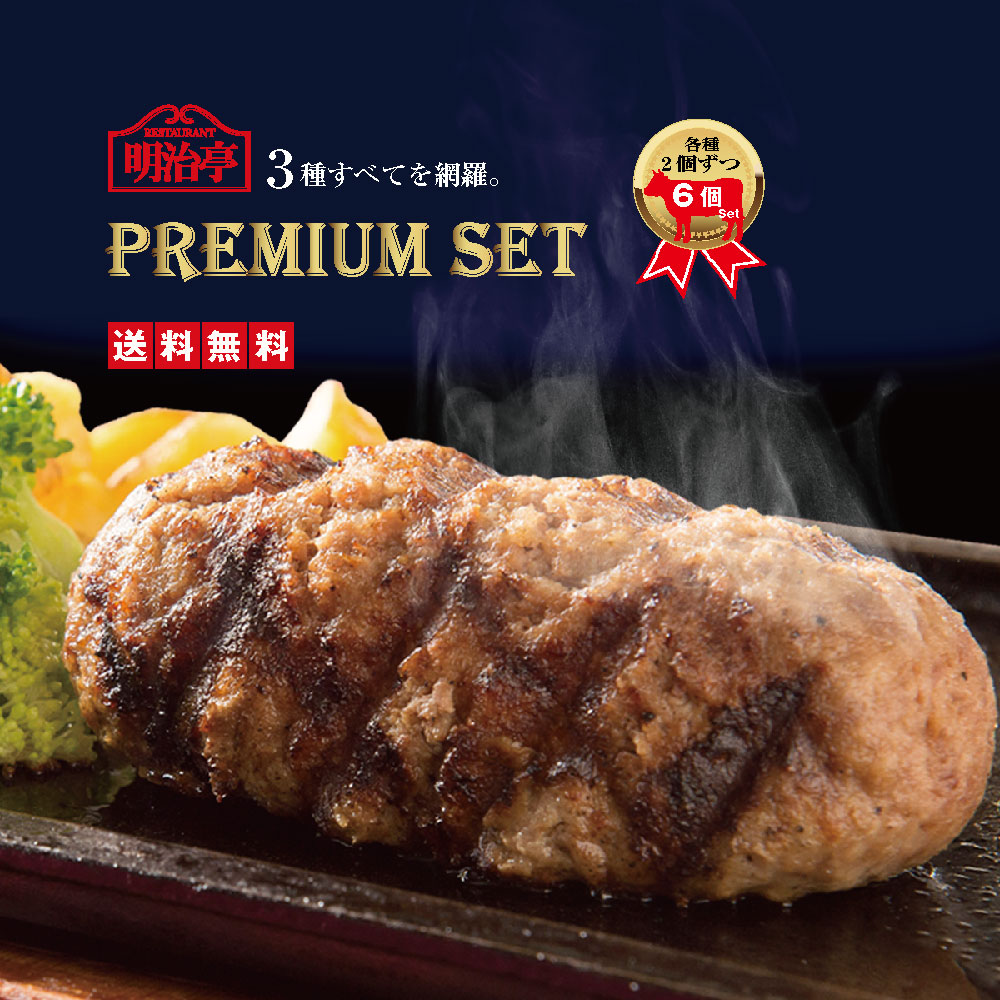 日経「なんでもランキング」１位獲得商品【送料無料】3種全て入ったPREMIUM SET6個入(各種2個)近江牛100％ハンバーグ（オリジナル）近江牛ブレンド明治亭ハンバーグ（デミグラス) 近江牛ブレンド粗挽きハンバーグ（オリジナル)【 御中元 湯せん  内祝 冷凍  御歳暮 ギフト】