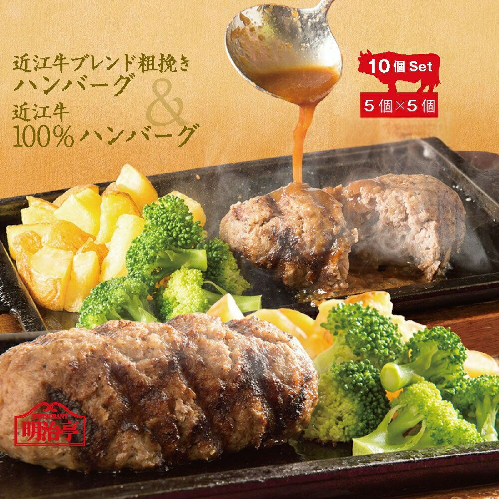 ★10個セット★２種ハンバーグ×各５個【送料無料】近江牛100%ハンバーグ＆近江牛ブレンド粗挽きハンバーグの組み合わせ オリジナルソース入り 【 母の日 御中元 内祝 御祝 ギフト お返し 牛肉 楽ギフ】温めるだけ　簡単かんたん調理 冷凍 湯せん 高級和牛 湯煎
