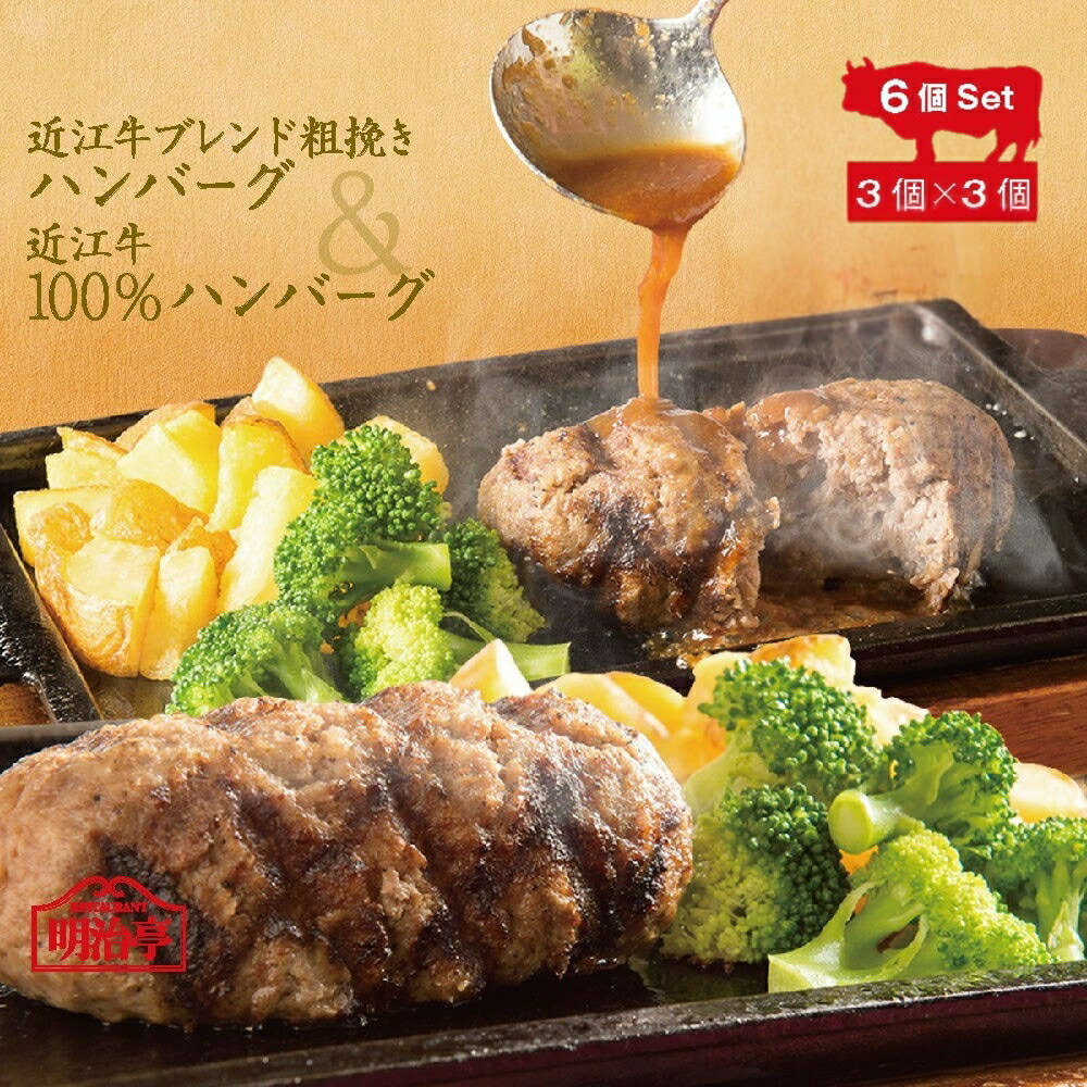 ★６個セット★２種ハンバーグ×各３個【送料無料】近江牛100%ハンバーグ＆近江牛ブレンド粗挽きハンバーグの組み合わせ オリジナルソース入り【 内祝 御祝 お返し 御歳暮 ギフト 楽ギフ】温めるだけ 簡単かんたん調理 湯せん 冷凍 レストラン直送 高級和牛 牛肉
