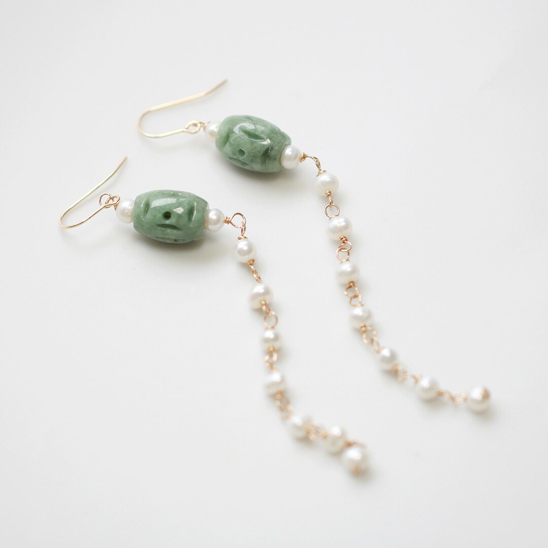 パールと彫り翡翠が絶妙! pearl green long A貨翡翠 jd_mm1187|翡翠・淡水パール・天然石 MeiNu
