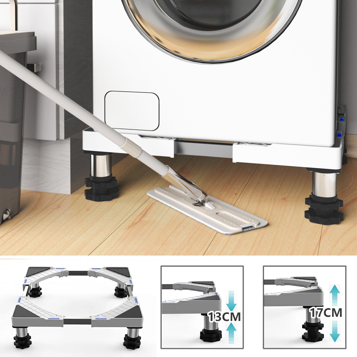 【マラソン期間限定5倍P】洗濯機 置き台 台 かさ上げ台 増大増高 ステンレスジャッキ かさ上げ 冷蔵庫台 13−17cm高さ調節 伸縮式  幅/奥行44.8〜69cm 減音防振 4足 ステインレス製 専用防振パッド付き | Meisai Commerce